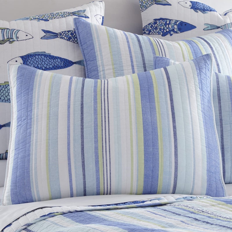 Levtex Home - Catalina Quilt Set - Full/Queen Quilt (88x92in.) + Two Standard Pillow Shams (26x20in.)- Striped Coastal Pattern in Blues and Greens - Reversible - Cotton Fabric - Image 3